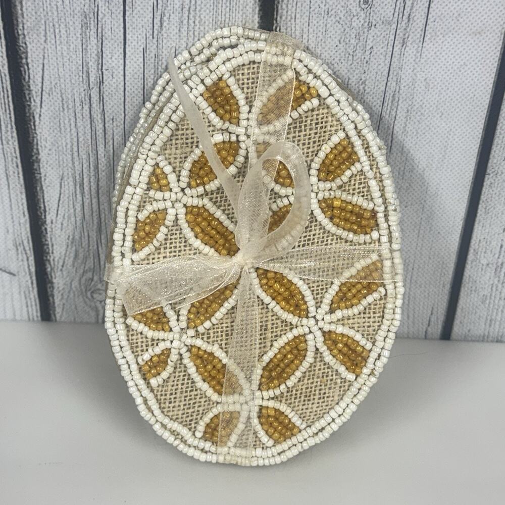 Pier 1 Imports Easter Beaded Egg Yellow White Daisy Coaster Set of 4 NWT